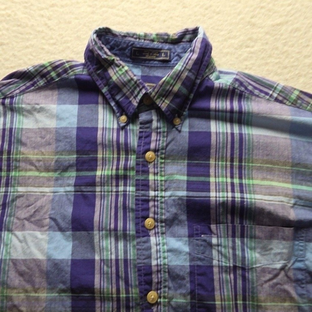 Arrow Mens Large Purple Blue Plaid Short Sleeve Button Down Cotton Shirt RN28755